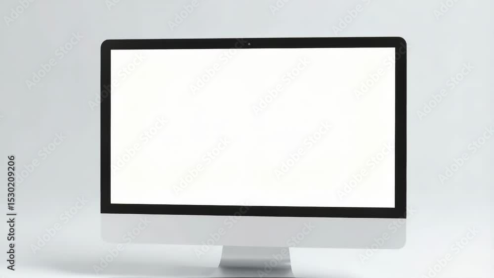 Modern desktop computer with blank white screen for creative display on a neutral white background in a studio setting for advertising Modern desktop computer with blank white screen for creative display on a neutral white background in a studio setting for advertising