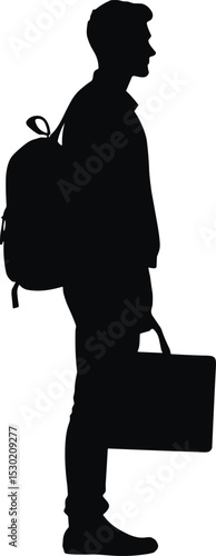 Silhouette vector of a young man with a backpack and suitcase, symbolizing travel, student life, or business trip. Black icon isolated on transparent background for versatile use.