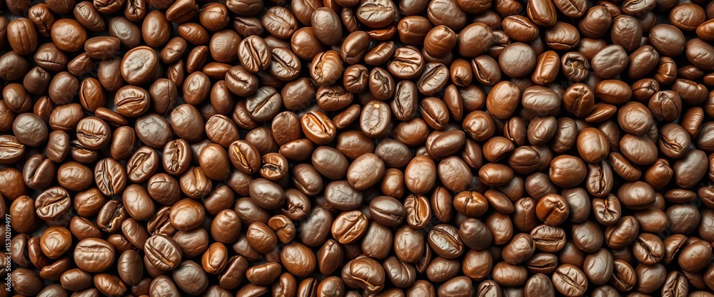 Fototapeta premium Rich brown coffee beans fill the frame, showcasing their texture and roasted sheen, coffee shop, drink