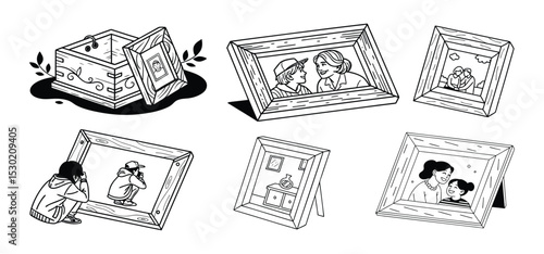 Illustrative collection of black and white framed family photos depicting various relationships and cherished memories.