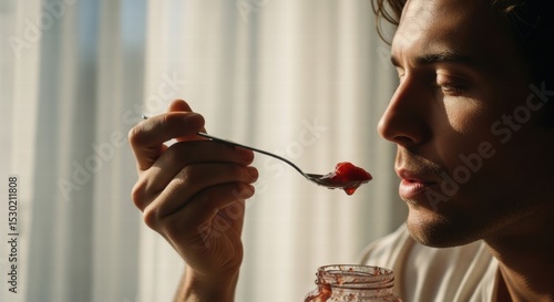 Close-Up of a Man Tasting Jam from a Spoon in a Quiet Kitchen with Soft Light from the Window