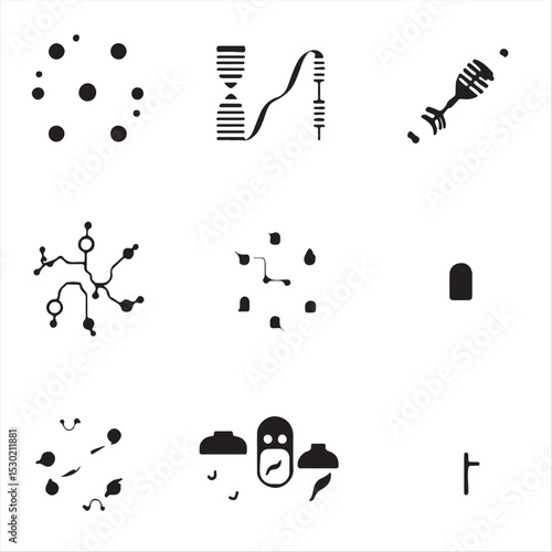 eight black and white icons for biotechnology and genomics CRISPR, DNA sequencing, synthetic biology, bioreactors, lab-grown tissues, and personalized medicine.  Utilize a precise, technical style