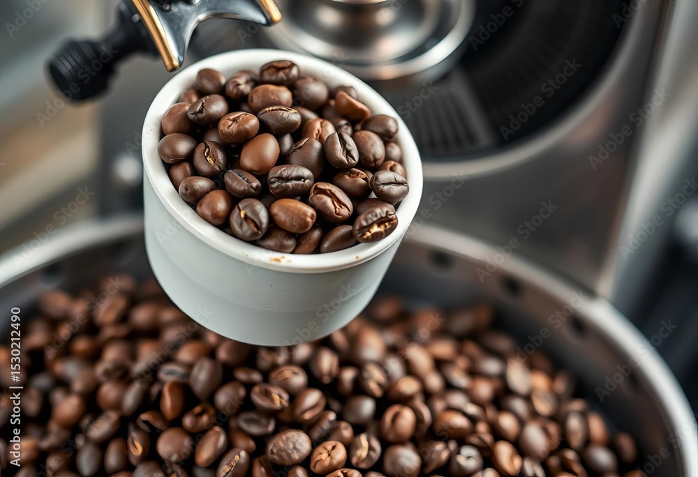 Fototapeta premium Dark roasted coffee beans cupped above modern roaster, factory, roasted
