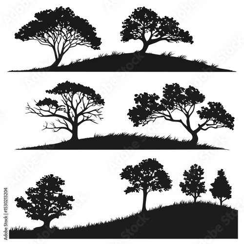 Silhouette collection of trees on hillsides suitable for graphic design and illustration projects