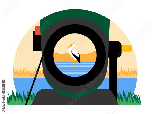 Crane bird clearly visible from monocular. Bird watch illustration. Flat vector illustration.