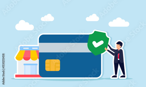 Businessman holding check mark near credit or debit card and store illustration of trusted marketplace business payment system