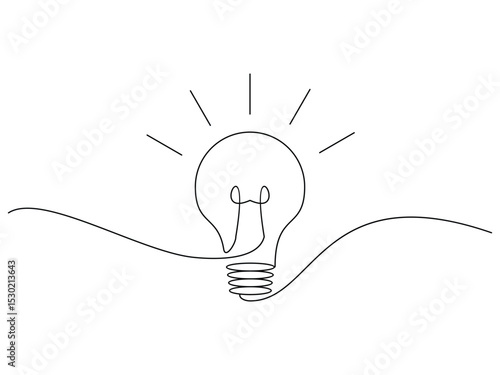 Continuous one line drawing, light bulb energy design, vector illustration, isolated on transparent background