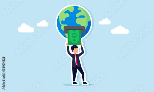 Businessman withdrawing money from Earth shaped like an ATM illustration of business exploiting natural resources of the planet