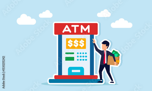Businessman near ATM machine holding wallet full of money illustration of company business financial stability