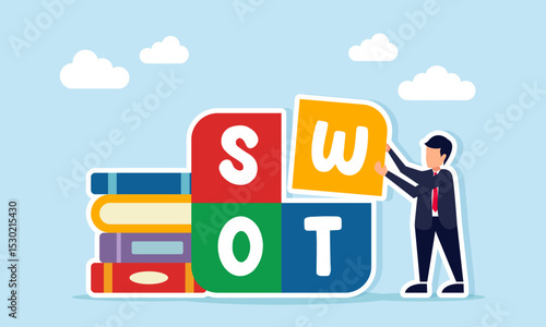 Businessman arranging SWOT puzzle near stack of books illustration of research and analysis to improve business competitiveness