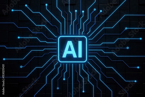 Central Artificial Intelligence (AI) Core with Blue Glowing Circuitry on a Textured Dark Background, Illustrating Advanced Technology and Machine Learning