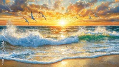Dramatic sunrise over the ocean with birds