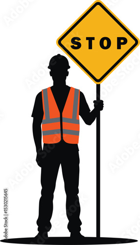 Silhouette of a construction worker in a safety vest holding a stop sign. Vector clip art black icon isolated on transparent background. Ideal for traffic or road safety themes.