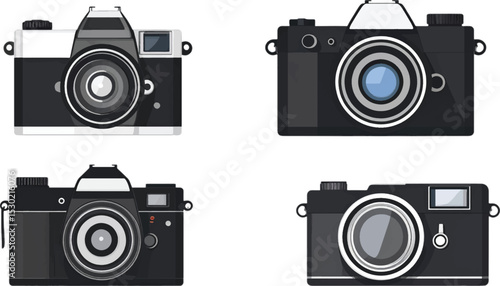 set of cameras Old film photography equipment vector icons set: a set of isolated retro cameras and lenses