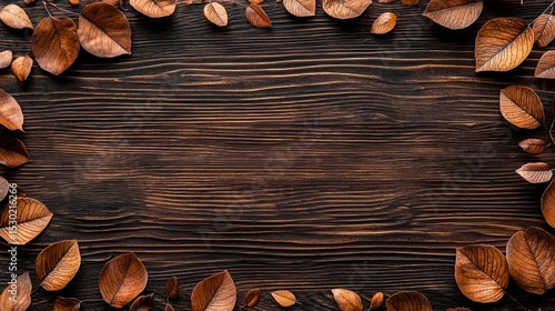 Dried brown leaves create a frame around a dark brown wood background, offering a rustic autumnal aesthetic