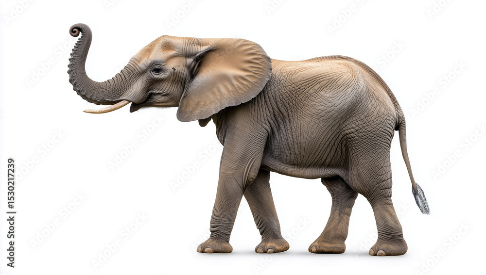 Obraz premium Photo of an African elephant standing and lifting its trunk, against a white background. African elephant with raised trunk and tusks isolated on white
