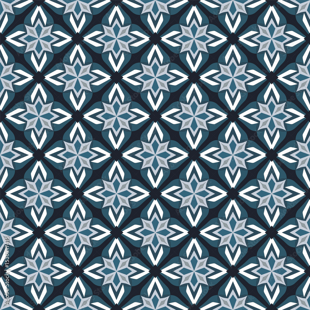 Fototapeta premium Geometric flower patterns, seamless patterns, black background color, azure and gray flower patterns, vector patterns, used for wallpaper, cloth tiles, etc.