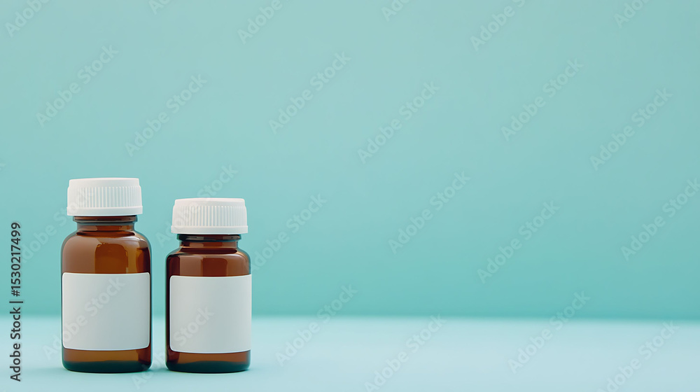 Closeup blank medicine bottles on blue pastel background ideal for pharmaceutical mockup Closeup blank medicine bottles on blue pastel background ideal for pharmaceutical mockup