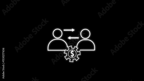 two figures with arrows pointing in both directions between them, with a gear icon containing a dollar sign below them. 4k video animation .