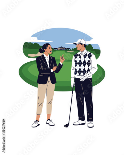 Golf discussion between a man and a woman on the green course with clubhouse