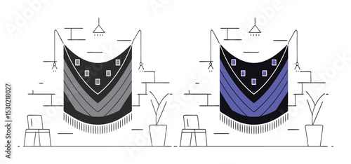 Minimalist vector illustration featuring two geometric patterned wall hangings with plants and chairs decorating a room