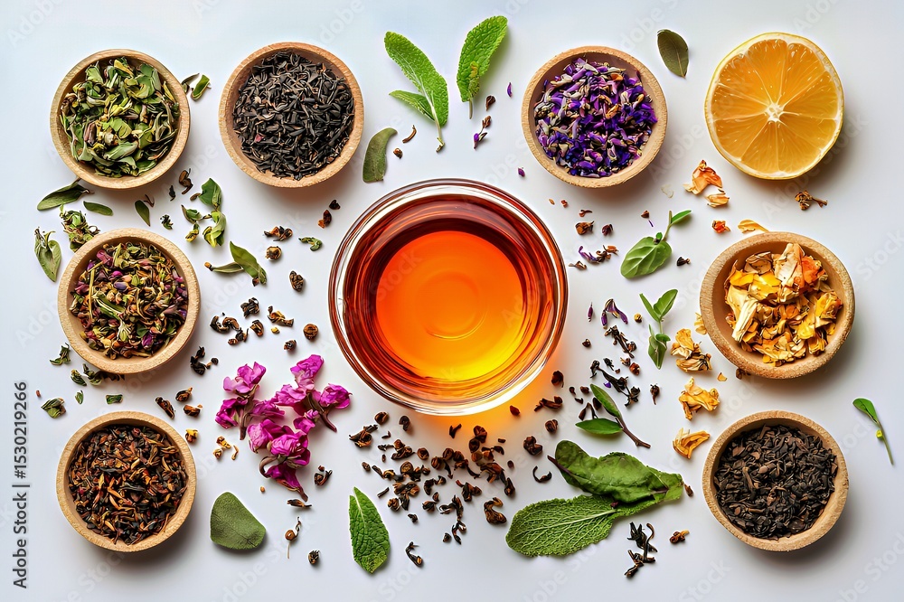 A vibrant arrangement of spices and tea around a glowing cup of herbal infusion. A vibrant arrangement of spices and tea around a glowing cup of herbal infusion.