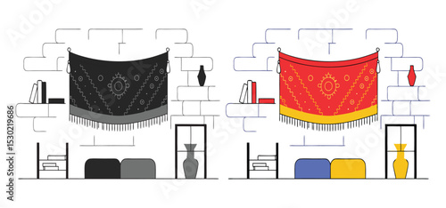 Two modern minimalist interior design arrangements with decorative wall hangings, bookshelves, and stylish seating elements