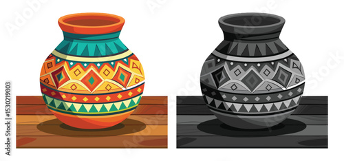 Two ornamental pottery vases with traditional pattern decorations on a wooden surface isolated on white background