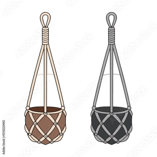 Vector illustration featuring two hanging macrame plant holders with stylish rope designs on a white background