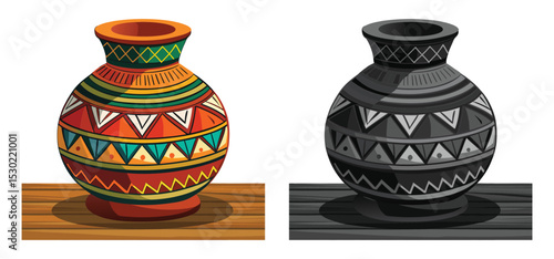 Vector illustration of two colorful tribal art pottery vases presented on wooden surfaces isolated on white background