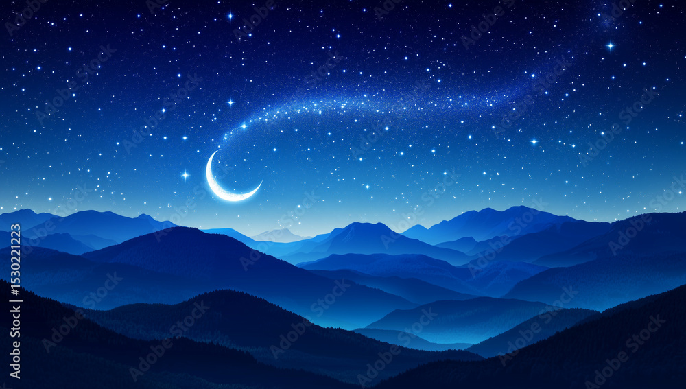 Obraz premium A crescent moon over a mountainous desert landscape with a starry night sky. The night sky with stars and a crescent moon over the mountains, a blue color background