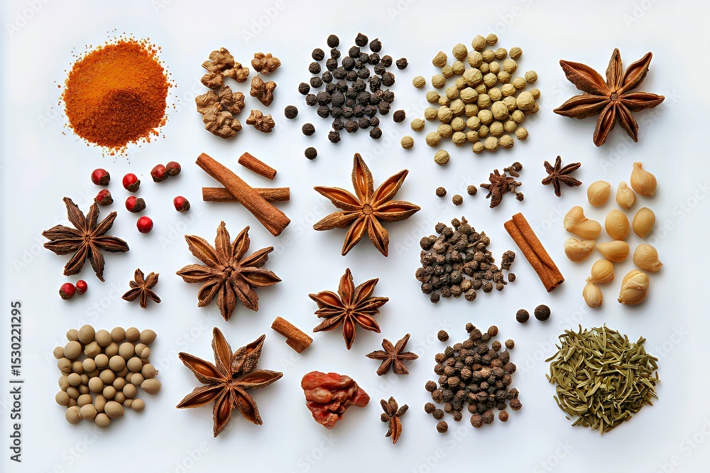 An array of vibrant spices arranged artfully on a white background. An array of vibrant spices arranged artfully on a white background.