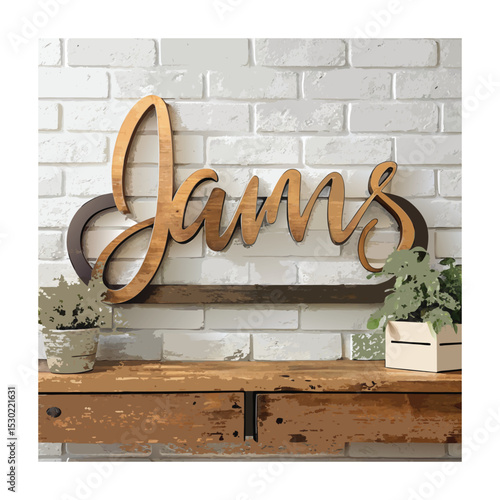 Wooden jams sign featuring decorative elements including plants placed on a wooden shelf against a white brick wall