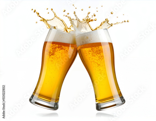 Two glasses of beer clinking together with a refreshing splash. Perfect for celebrating special occasions or happy hour promotions.