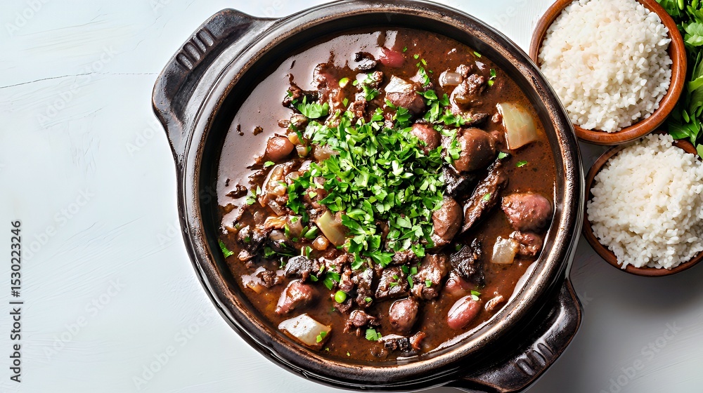 Delicious beef stew garnished with fresh herbs served with rice. Delicious beef stew garnished with fresh herbs served with rice.