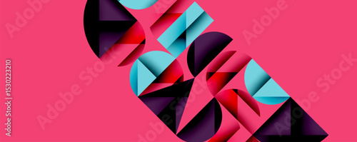 Abstract geometric shapes overlap, creating dynamic composition. Pink background contrasts with teal, red, purple hues. Modern design.