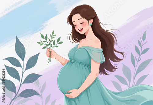 Pregnant Woman in Turquoise Dress Holding Leaves in Spring Garden