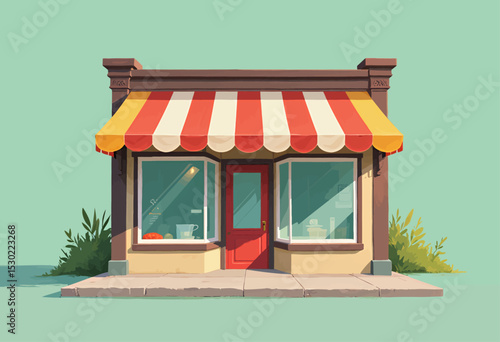 Quaint Cafe Storefront with Red Awning and Green Background