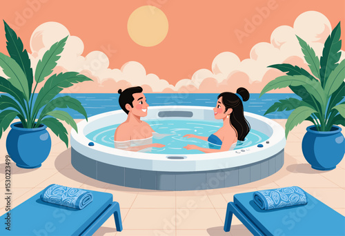 Relaxing Couple in Hot Tub by Sunset with Tropical Plants
