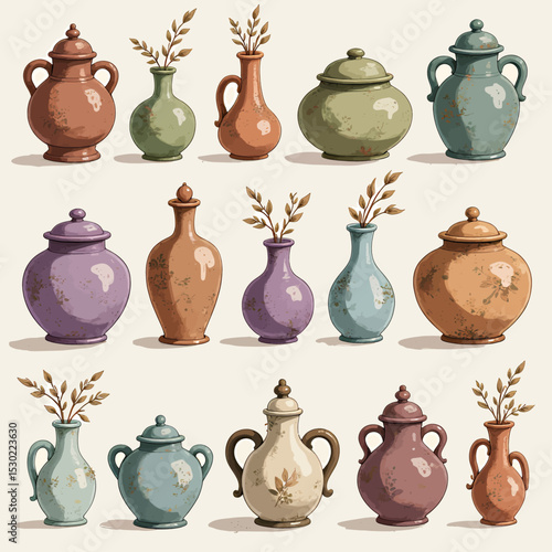 Rustic Ceramic Vases in Earthy Tones with Floral Accents