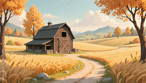 Rustic Barn in Golden Autumn Fields