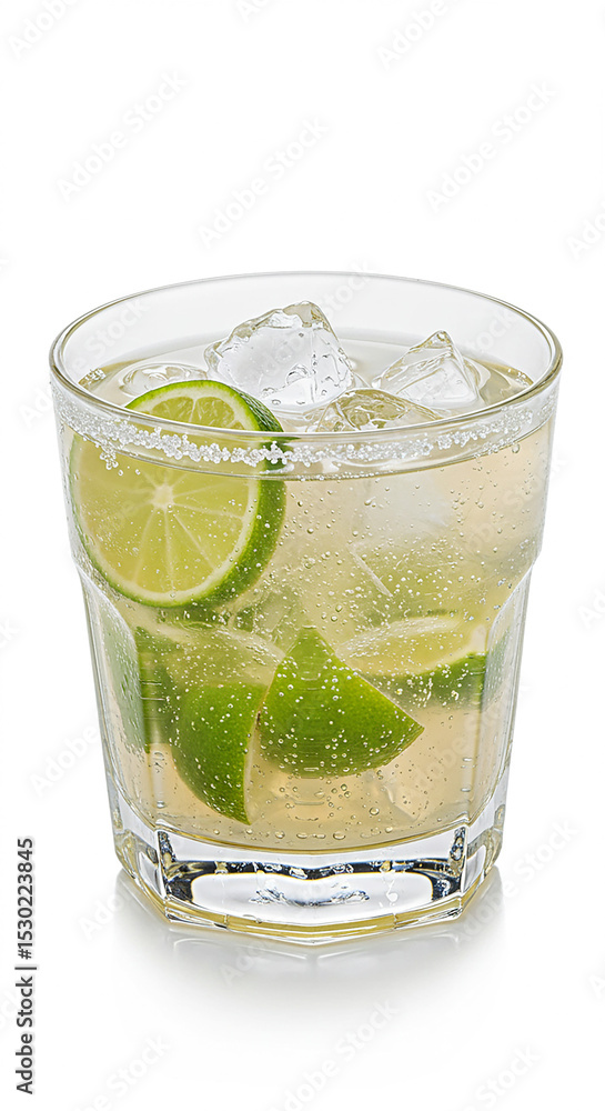 Caipirinha cocktail served in a short glass with crushed ice, lime wedges and sugar crystals Caipirinha cocktail served in a short glass with crushed ice, lime wedges and sugar crystals