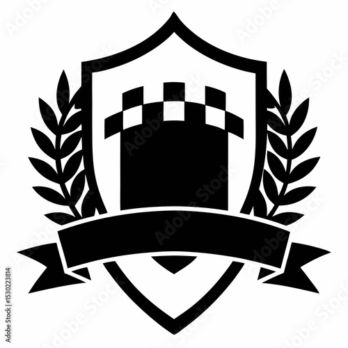 Black and white castle crest with laurel wreath and banner