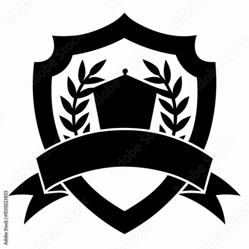 Black and white shield crest with laurel wreath and banner