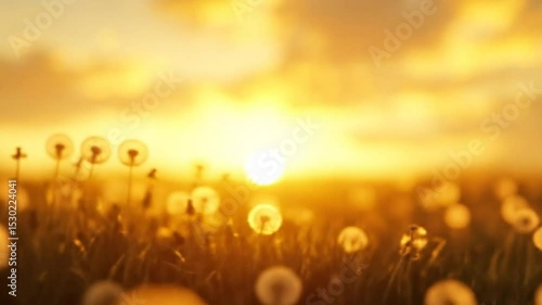Golden sunset bathes a dandelion field