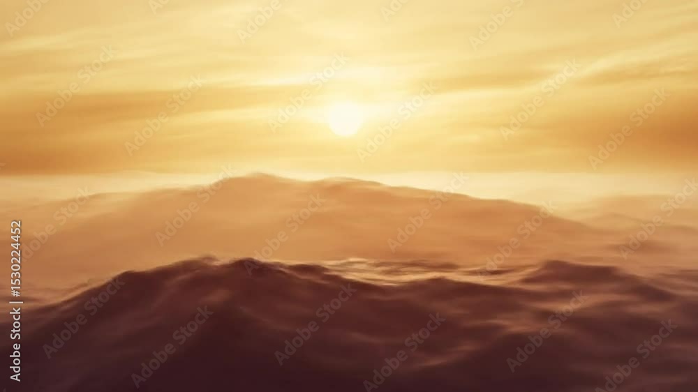 Golden sun melts horizon over rippling waves Golden sun melts horizon over rippling waves
