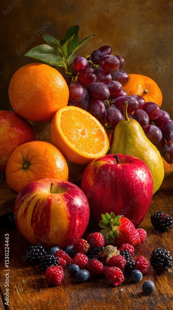 Vibrant still life of fresh fruits including oranges, apples, and berries arranged on a wooden table