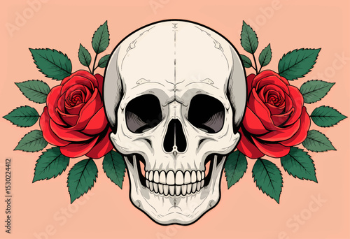 Skull with Red Roses and Green Leaves on Soft Pink Background
