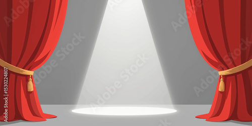 Theater Spotlight on Red Curtains with Golden Tassels
