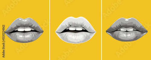 Three Lips Expressions in Grayscale on Yellow Background
